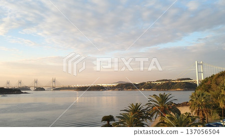 The Seto Inland Sea and Shimotsui Seto Bridge at sunrise The Seto Inland Sea and Shimotsui Seto Bridge at sunrise 137056504