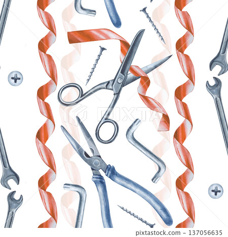 A seamless watercolor pattern with working tools on an isolated background. Vertical seamless pattern with scissors, red ribbon, pliers, wrench and self-tapping screws. A background with men's home A seamless watercolor pattern with working tools on an isolated background. Vertical seamless pattern with scissors, red ribbon, pliers, wrench and self-tapping screws. A background with men's home 137056635
