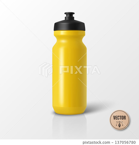 Vector 3d Realistic Yellow Sports Water Bottle Mockup. Blank Plastic Cycling Water Bottle with Black Cap. Water Bottle Template. Vector Sport Bottle for Fitness, Gym, Branding, Packaging Design 137056780