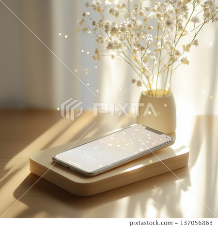 智慧型手機放置在飾有花朵和燈光的天然木質支架上，沐浴在柔和的午後陽光中。 137056863