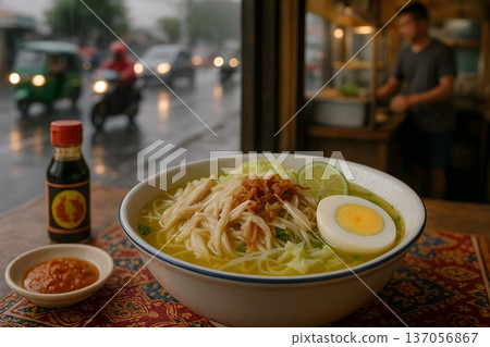 Delicious bowl of noodles with chicken and egg on vibrant tablecloth 137056867
