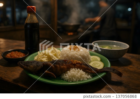 Delicious grilled fish with rice and vegetables on a green plate Delicious grilled fish with rice and vegetables on a green plate 137056868
