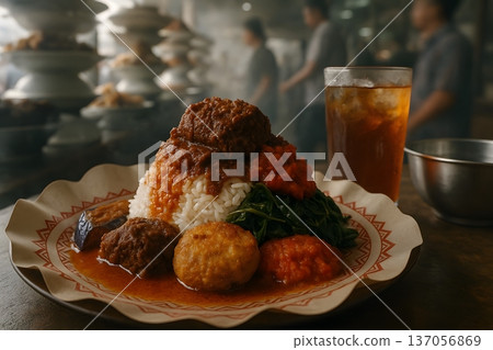 Delicious Indonesian nasi goreng with meat and vegetables on a plate 137056869