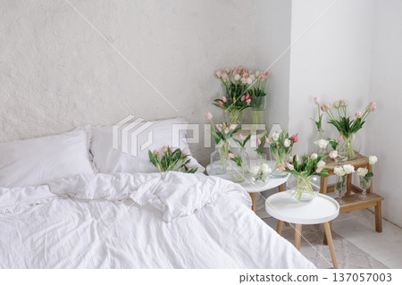 Bright bedroom interior with multiple tulip bouquets in glass vases near bed. Soft natural light, fresh spring flowers creating cozy home atmosphere. Bright bedroom interior with multiple tulip bouquets in glass vases near bed. Soft natural light, fresh spring flowers creating cozy home atmosphere. 137057003
