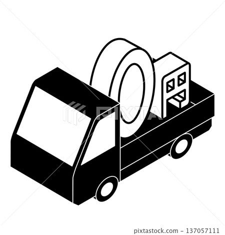 Isometric illustration of a truck carrying a circle logo Isometric illustration of a truck carrying a circle logo 137057111