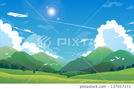 山脈、飛機、藍天和雲朵的橫向插圖 137057151