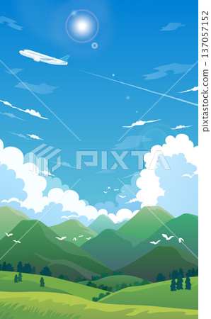 山脈、飛機、藍天和雲朵的插圖（直版） 137057152