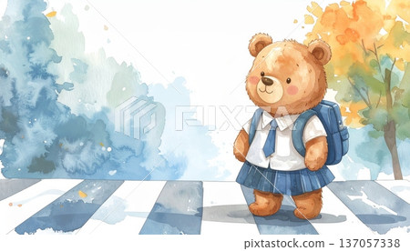 Watercolor Cartoon Bear Student at Crosswalk Watercolor Cartoon Bear Student at Crosswalk 137057338