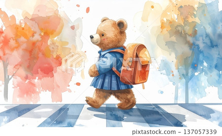 Watercolor Cartoon Bear Student at Crosswalk Watercolor Cartoon Bear Student at Crosswalk 137057339
