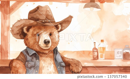 Watercolor Cartoon Bear in Cowboy Bar Watercolor Cartoon Bear in Cowboy Bar 137057340