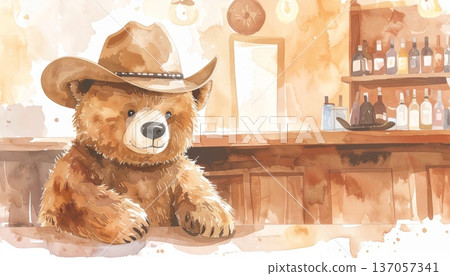 Watercolor Cartoon Bear in Cowboy Bar Watercolor Cartoon Bear in Cowboy Bar 137057341