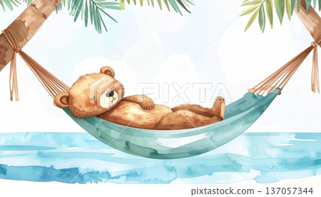 Watercolor Cartoon Bear Relaxing in Hammock by Sea 137057344