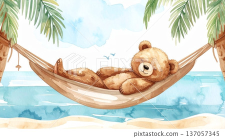 Watercolor Cartoon Bear Relaxing in Hammock by Sea Watercolor Cartoon Bear Relaxing in Hammock by Sea 137057345