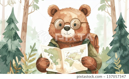 Watercolor Cartoon Explorer Bear Reading Map in Forest 137057347