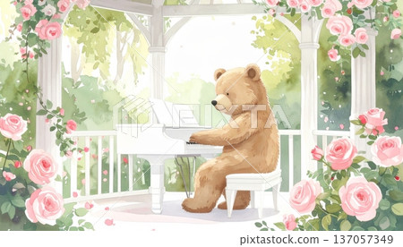 Watercolor Cartoon Bear Playing Piano in English Garden Pavilion Watercolor Cartoon Bear Playing Piano in English Garden Pavilion 137057349