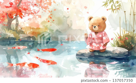 Watercolor Cartoon Bear in Kimono at Japanese Garden Pond 137057350