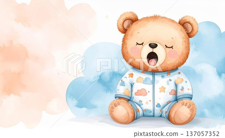 Watercolor Cartoon Bear in Cloud Pajamas Yawning 137057352