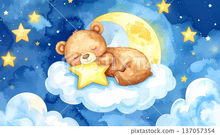 Watercolor Cartoon Bear Sleeping on Cloud at Night Watercolor Cartoon Bear Sleeping on Cloud at Night 137057354
