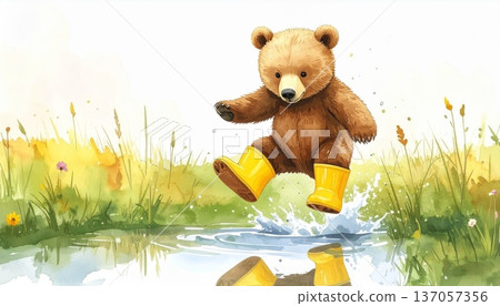 Watercolor Cartoon Bear Jumping in Puddle 137057356