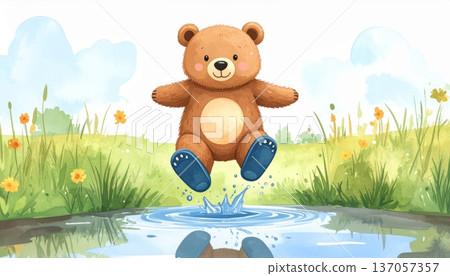 Watercolor Cartoon Bear Jumping in Puddle 137057357