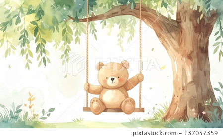 Watercolor Cartoon Bear on Swing Under Willow Tree Watercolor Cartoon Bear on Swing Under Willow Tree 137057359