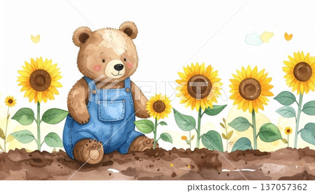 Watercolor Cartoon Bear Planting Sunflowers Watercolor Cartoon Bear Planting Sunflowers 137057362
