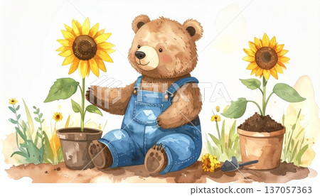 Watercolor Cartoon Bear Planting Sunflowers Watercolor Cartoon Bear Planting Sunflowers 137057363