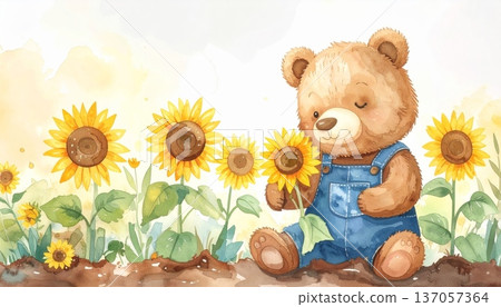 Watercolor Cartoon Bear Planting Sunflowers Watercolor Cartoon Bear Planting Sunflowers 137057364