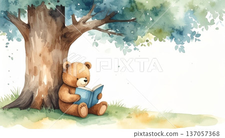 Watercolor Cartoon Bear Reading Under Big Tree 137057368