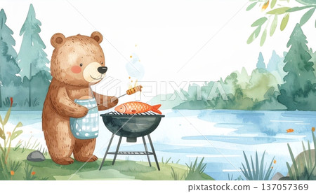 Watercolor Cartoon Bear Grilling Fish by Riverside Camp 137057369