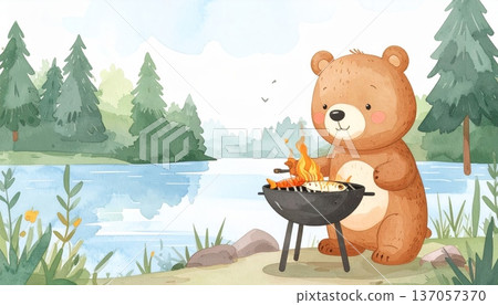 Watercolor Cartoon Bear Grilling Fish by Riverside Camp 137057370