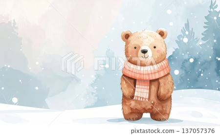 Watercolor Cartoon Bear Wearing Knitted Scarf in Falling Snow Watercolor Cartoon Bear Wearing Knitted Scarf in Falling Snow 137057376