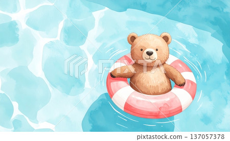 Watercolor Cartoon Bear Floating with Swim Ring in Clear Pool 137057378