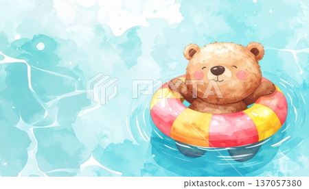 Watercolor Cartoon Bear Floating with Swim Ring in Clear Pool Watercolor Cartoon Bear Floating with Swim Ring in Clear Pool 137057380