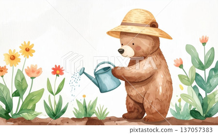 Watercolor Cartoon Bear Watering Flowers in Farm Garden 137057383