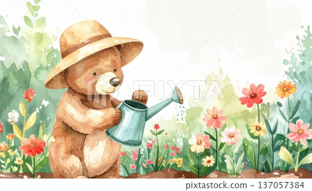 Watercolor Cartoon Bear Watering Flowers in Farm Garden Watercolor Cartoon Bear Watering Flowers in Farm Garden 137057384