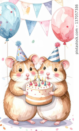 Cute Watercolor Cartoon Hamster Birthday Party 137057386