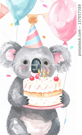 Cute Watercolor Cartoon Koala Birthday Party Cute Watercolor Cartoon Koala Birthday Party 137057389