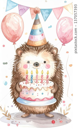 Cute Watercolor Cartoon Hedgehog Birthday Party Cute Watercolor Cartoon Hedgehog Birthday Party 137057393
