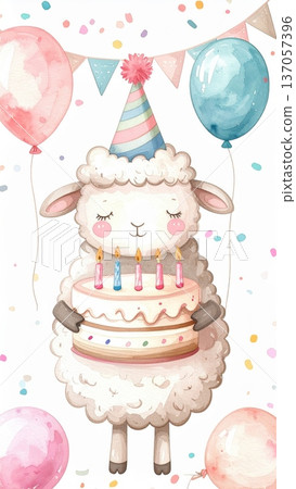 Cute Watercolor Cartoon Sheep Birthday Party Cute Watercolor Cartoon Sheep Birthday Party 137057396