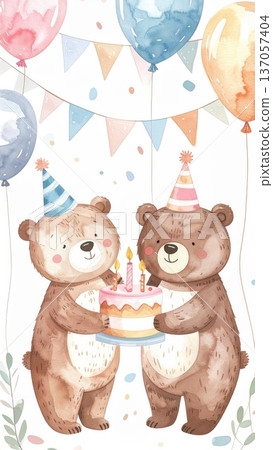 Cute Watercolor Cartoon Bear Birthday Party Cute Watercolor Cartoon Bear Birthday Party 137057404
