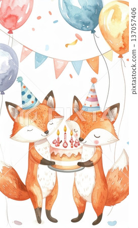 Cute Watercolor Cartoon Fox Birthday Party Cute Watercolor Cartoon Fox Birthday Party 137057406