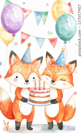 Cute Watercolor Cartoon Fox Birthday Party Cute Watercolor Cartoon Fox Birthday Party 137057407