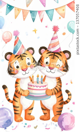 Cute Watercolor Cartoon Tiger Birthday Party Cute Watercolor Cartoon Tiger Birthday Party 137057408