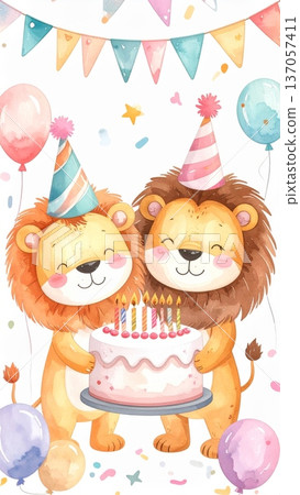 Cute Watercolor Cartoon Lion Birthday Party Cute Watercolor Cartoon Lion Birthday Party 137057411