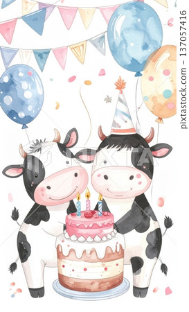 Cute Watercolor Cartoon Cow Birthday Party Cute Watercolor Cartoon Cow Birthday Party 137057416