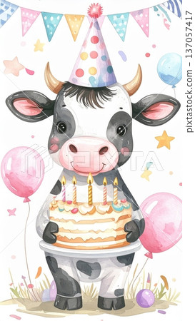 Cute Watercolor Cartoon Cow Birthday Party Cute Watercolor Cartoon Cow Birthday Party 137057417