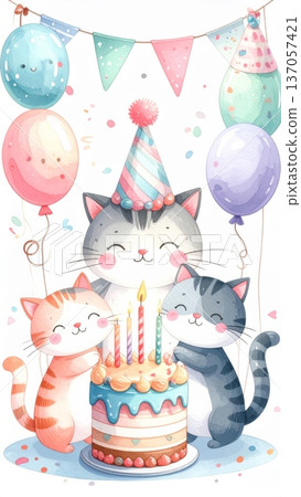 Cute Watercolor Cartoon Cat Birthday Party Cute Watercolor Cartoon Cat Birthday Party 137057421