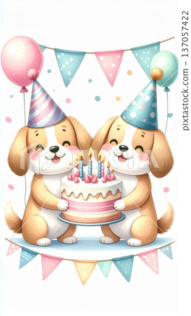Cute Watercolor Cartoon Dog Birthday Party Cute Watercolor Cartoon Dog Birthday Party 137057422