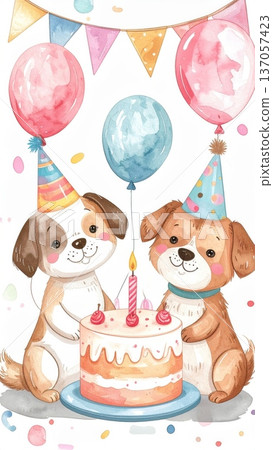 Cute Watercolor Cartoon Dog Birthday Party Cute Watercolor Cartoon Dog Birthday Party 137057423